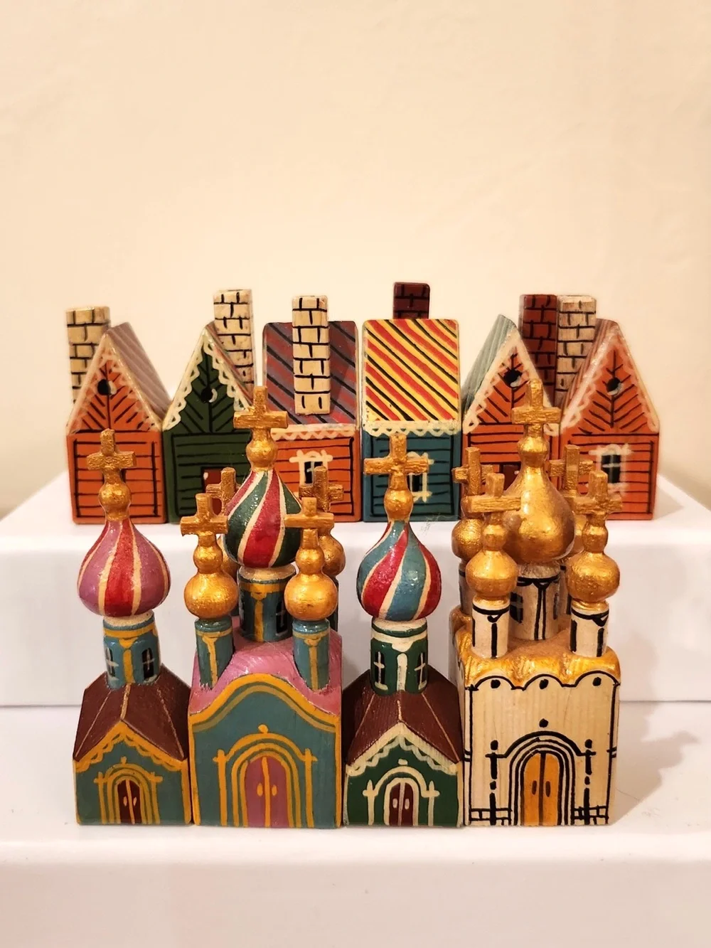 10 pc. Incredible Vintage Hand Painted Wood Russian Churches & Village Folk Art